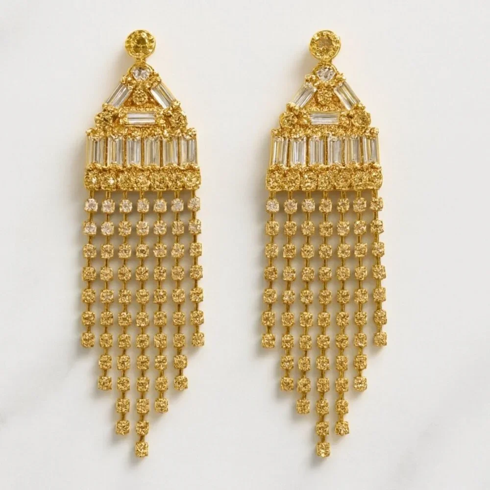 Vtg‎ Eisenberg Ice Gold Rhinestone Fringe Statement Earrings 2.75
